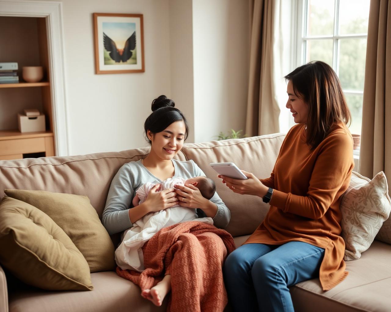 Postpartum caregiver supporting a mother and baby at home