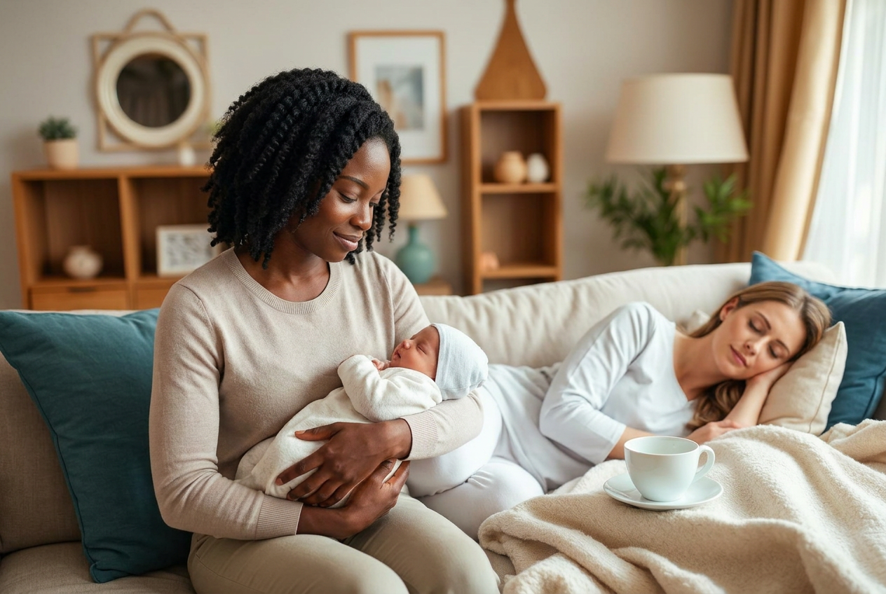 A postpartum caregiver supporting a new mother at home